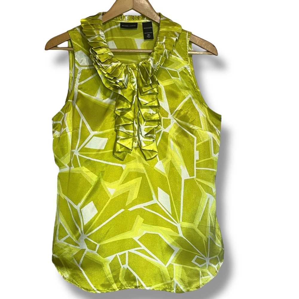 New York & Co Ruffle Front Sleeveless Blouse Geometric Corporate Regency‎ Sz 14